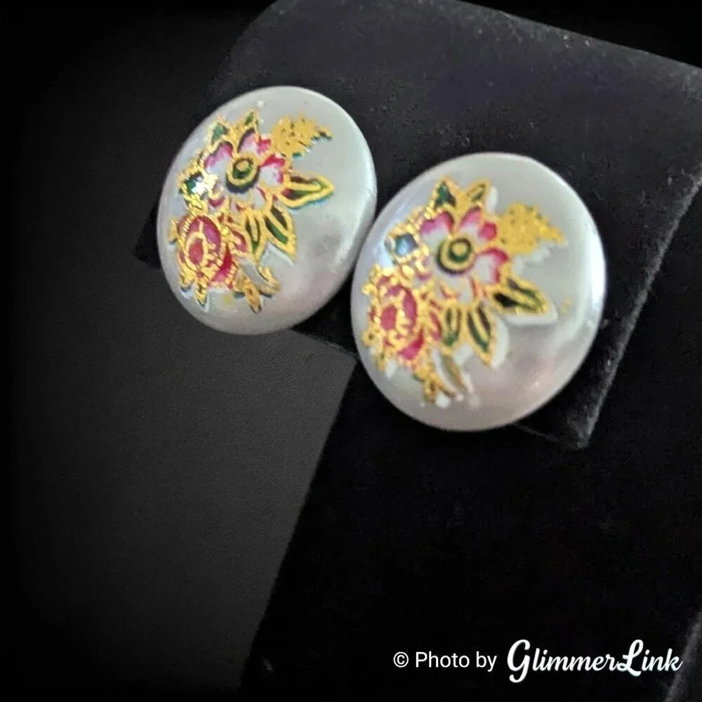 Vintage 70s Tensha Style Stud Earrings Pearled Gray Dome with Pink Gold Flowers